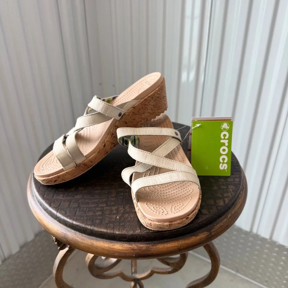 Crocs A-Leigh Mini Wedge Leather Women Size 9 Stucco New Strappy Cork Sandals